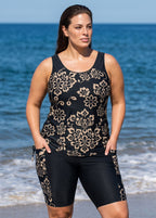 Plus Size Black Floral Print Scoop Neck Sleeveless Side Drawstring Pocketed Tankini Set