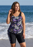Black Floral Print Scoop Neck Sleeveless Modest Side Drawstring Pocketed Curvy Tankini Set