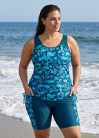 Blue Leaf Tropical Print Scoop Neck Sleeveless Side Drawstring Pocketed Plus Size Tankini Set