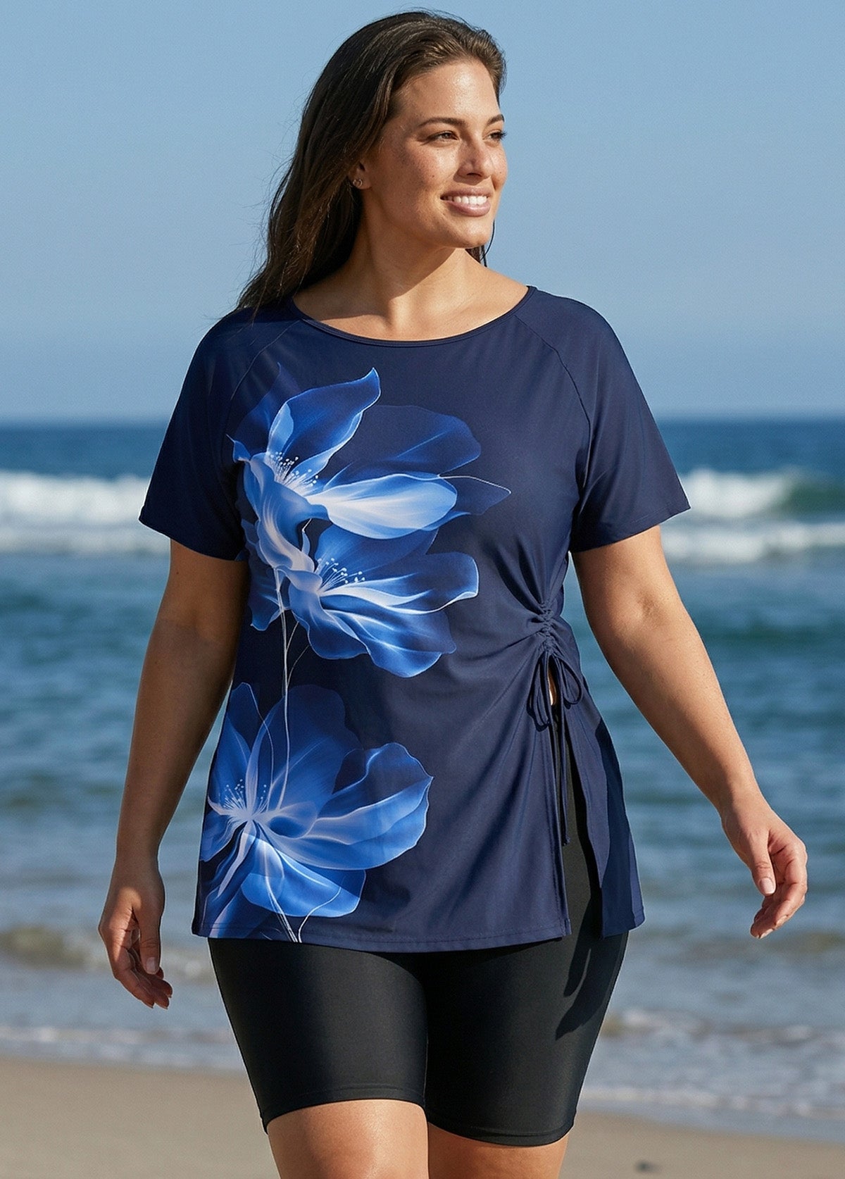 Plus Size Blue Floral Upf50+ Short Sleeves Vintage Side Drawstring Swimsuit Tankini Top