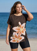 Plus Size Brown Floral UPF50+ Short Sleeves Modest Side Drawstring Swimsuit Tankini Top