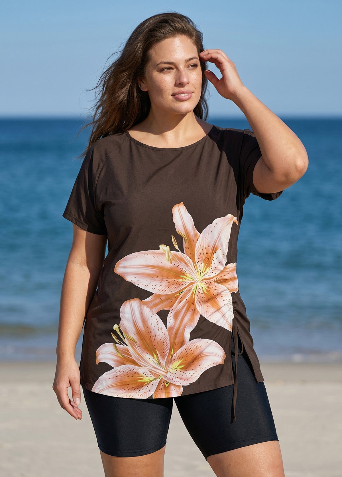 Plus Size Brown Floral UPF50+ Short Sleeves Modest Side Drawstring Swimsuit Tankini Top