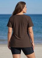 Plus Size Brown Floral UPF50+ Short Sleeves Modest Side Drawstring Swimsuit Tankini Top