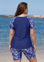 Navy Floral Print UPF50+ Short Sleeves Vintage Side Drawstring Curvy Swimsuit Tankini Top