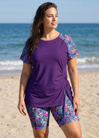 Purple Floral Print UPF50+ Short Sleeves Modest Side Drawstring Plus Size Swimsuit Tankini Top