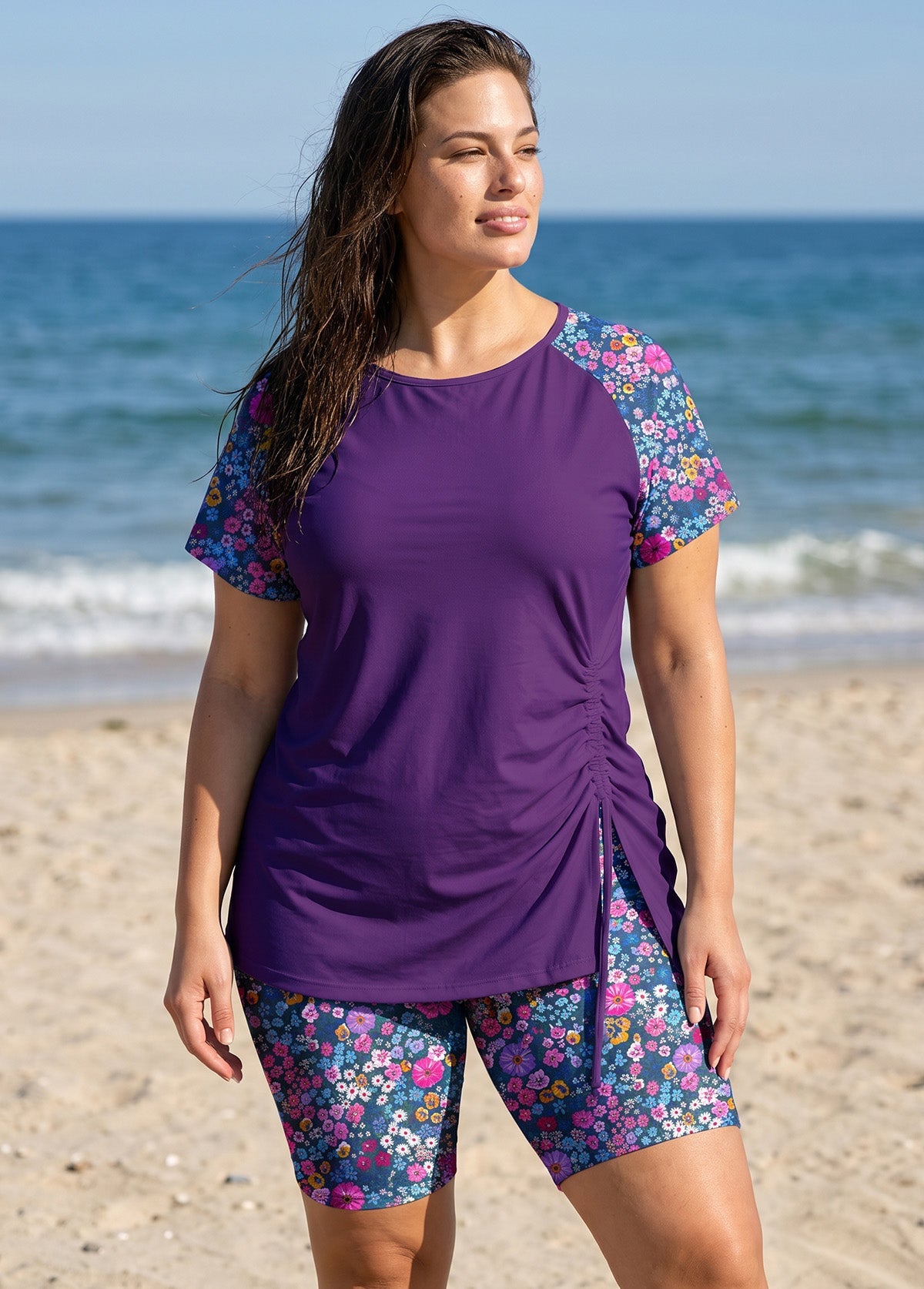 Purple Floral Print UPF50+ Short Sleeves Modest Side Drawstring Plus Size Swimsuit Tankini Top