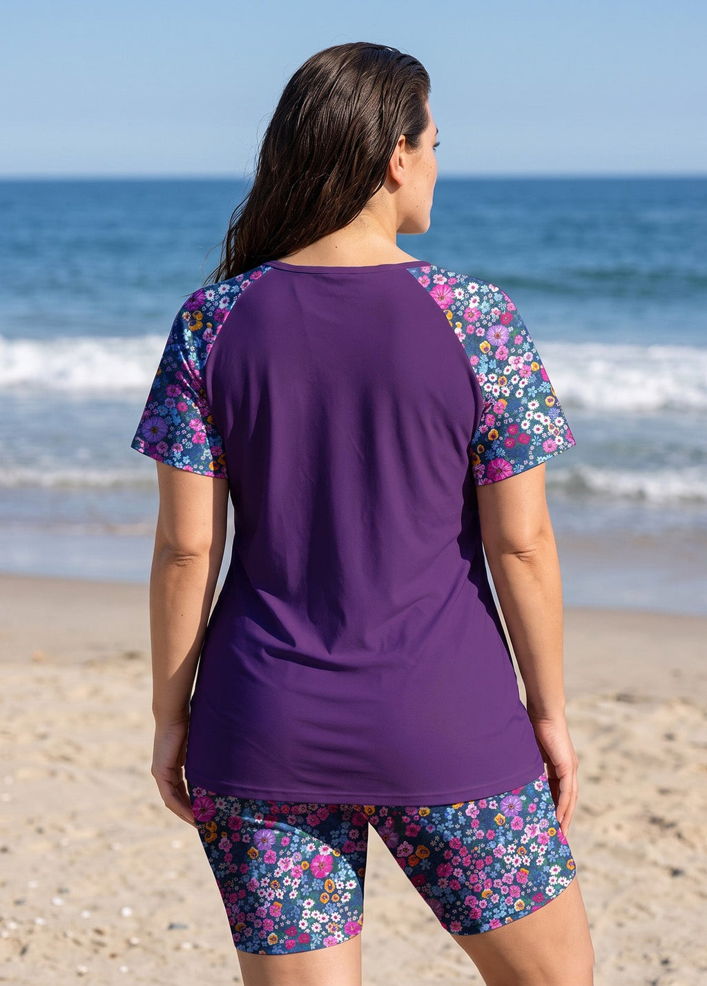Purple Floral Print UPF50+ Short Sleeves Modest Side Drawstring Plus Size Swimsuit Tankini Top