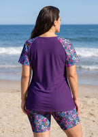 Purple Floral Print UPF50+ Short Sleeves Modest Side Drawstring Plus Size Swimsuit Tankini Top