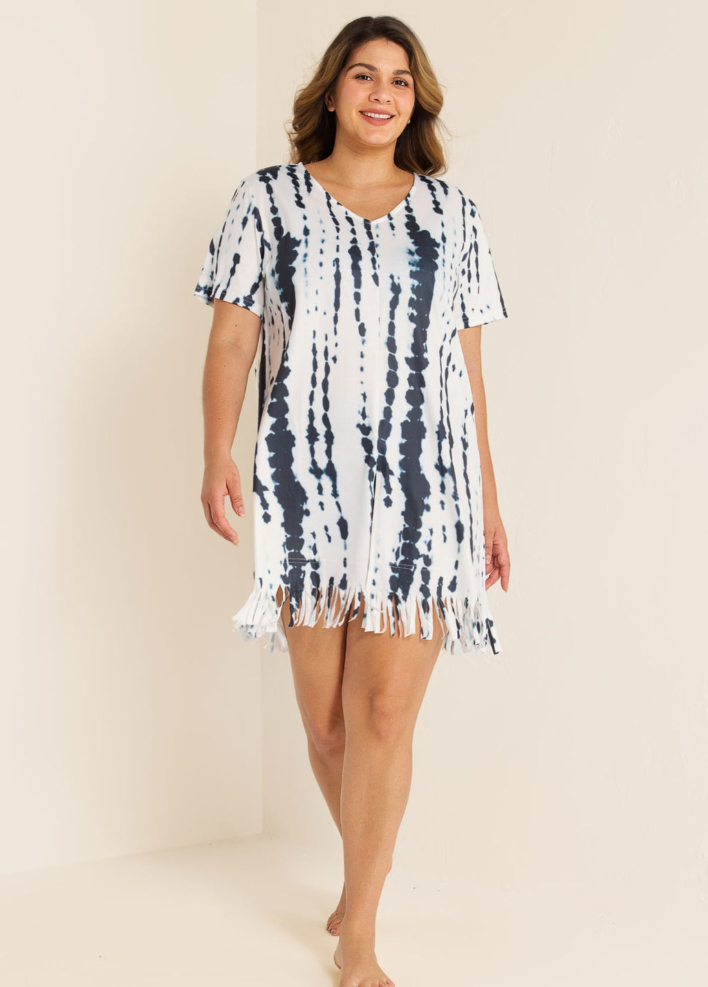 V-Neck Slit Fringe Trim Tunic Cover Up