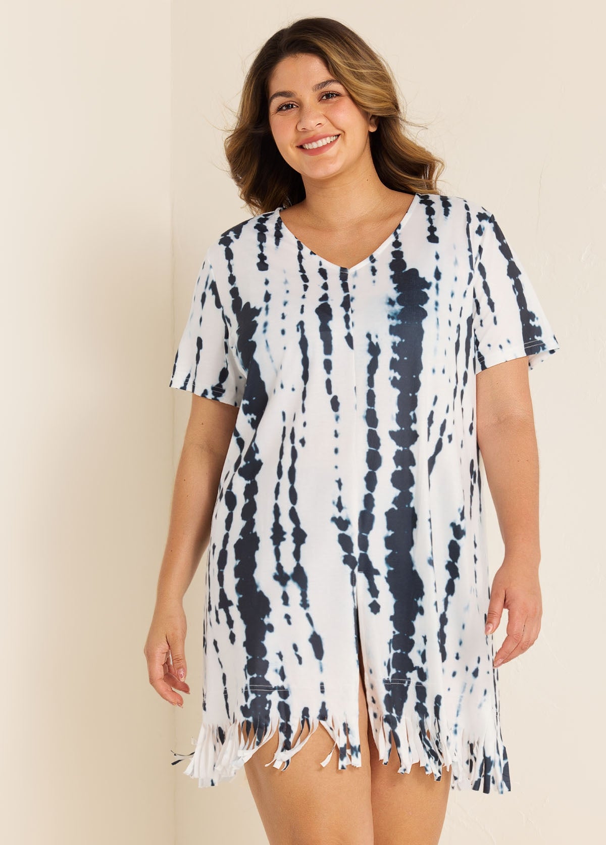 V-Neck Slit Fringe Trim Tunic Cover Up
