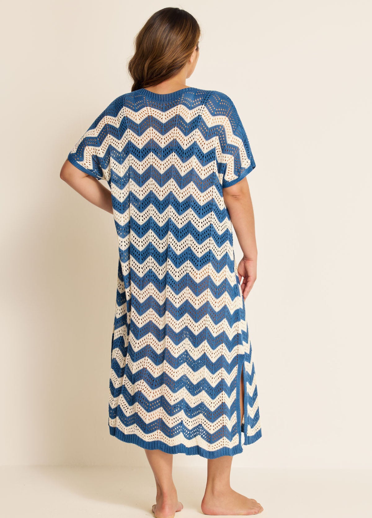 Blue And White Geometric Slit Hem Cutout Swimsuit Cover Up