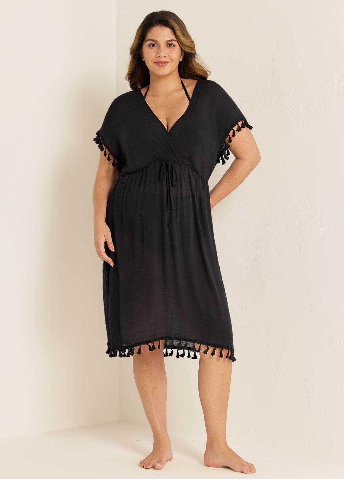 Black Weave Sleeveless Long Fringe Vacation Cover Up