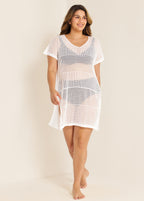 White Plus Size Simple Side Slit Cover Up