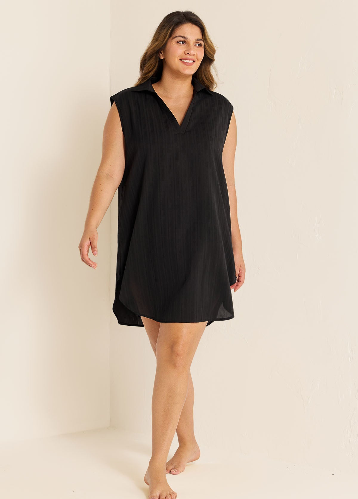 Black V Neck Sleeveless Plus Size Summer Vacation Cover Up