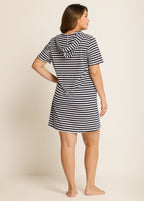 Plus Size Navy Striped Drawstring Hooded Beach Cover Ups Tee Dress