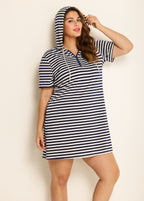 Plus Size Navy Striped Drawstring Hooded Beach Cover Ups Tee Dress