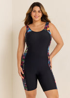 Plants Print Scoop Neck Athletic Boyleg Tummy Rash Guard Control One Piece Swimsuit