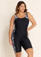 Black And White Coconut Tree Print Round Neck One Piece Swimsuit