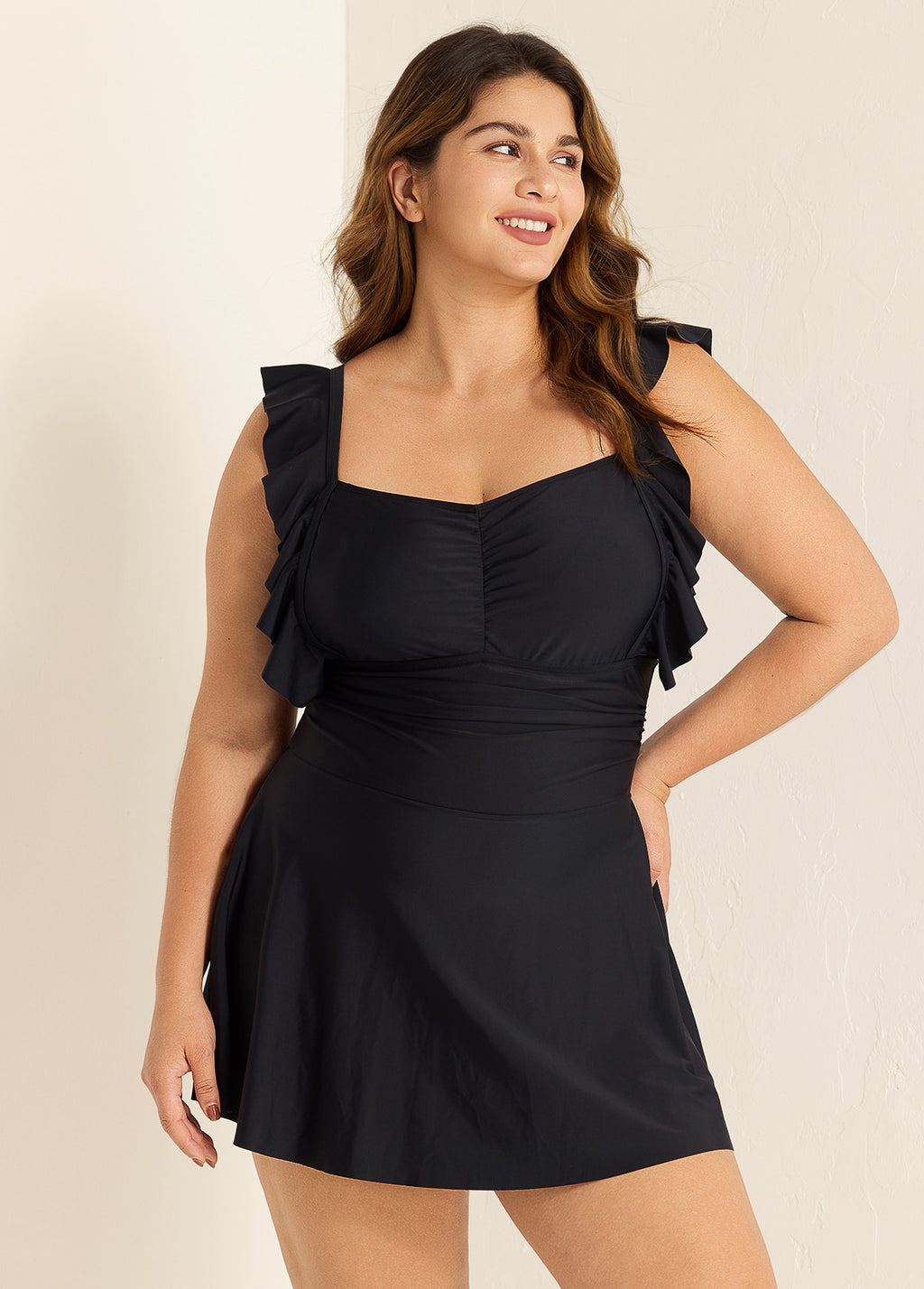 Black Square Neck Ruffled Pleated One Piece Swimsuit