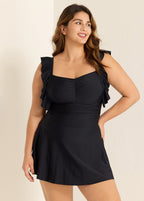 Black Square Neck Ruffled Pleated One Piece Swimsuit