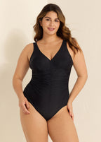 Black V Neck Ruched Cut One Piece Swimsuit