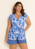 Blue White Floral Short Sleeves Wrap Pocket Curvy One Piece Swimsuit Swim Romper