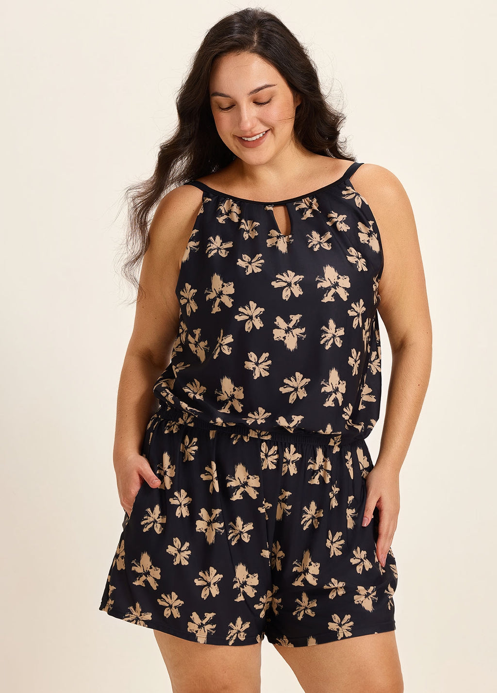 Yellow Floral Keyhole Neck Modest Pocket Curvy Women's Swimsuit One Piece Swim Romper