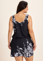 Black Floral Built In Bra Wide Straps Pocket Curvy Women's Swimsuit One Piece Swim Romper
