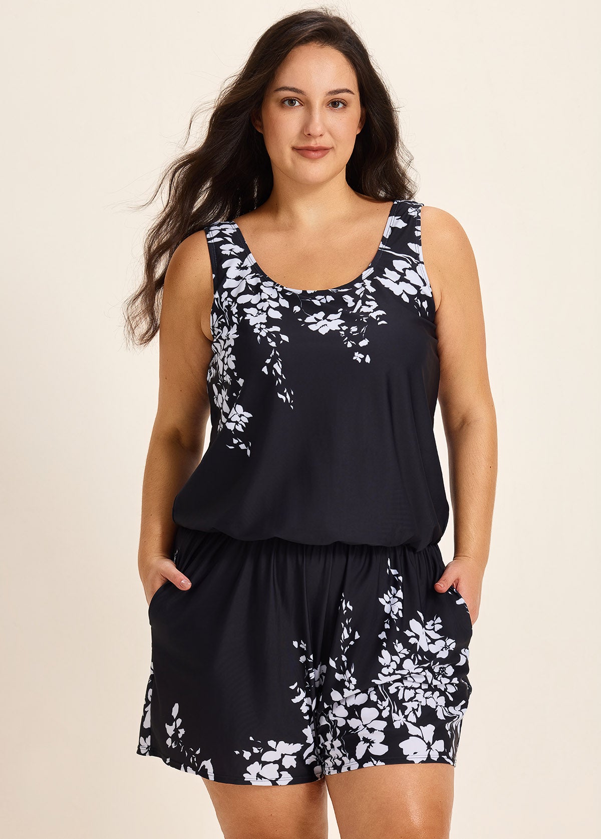 Black Floral Built In Bra Wide Straps Pocket Curvy Women's Swimsuit One Piece Swim Romper