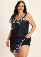 Black Floral Built In Bra Wide Straps Pocket Curvy Women's Swimsuit One Piece Swim Romper