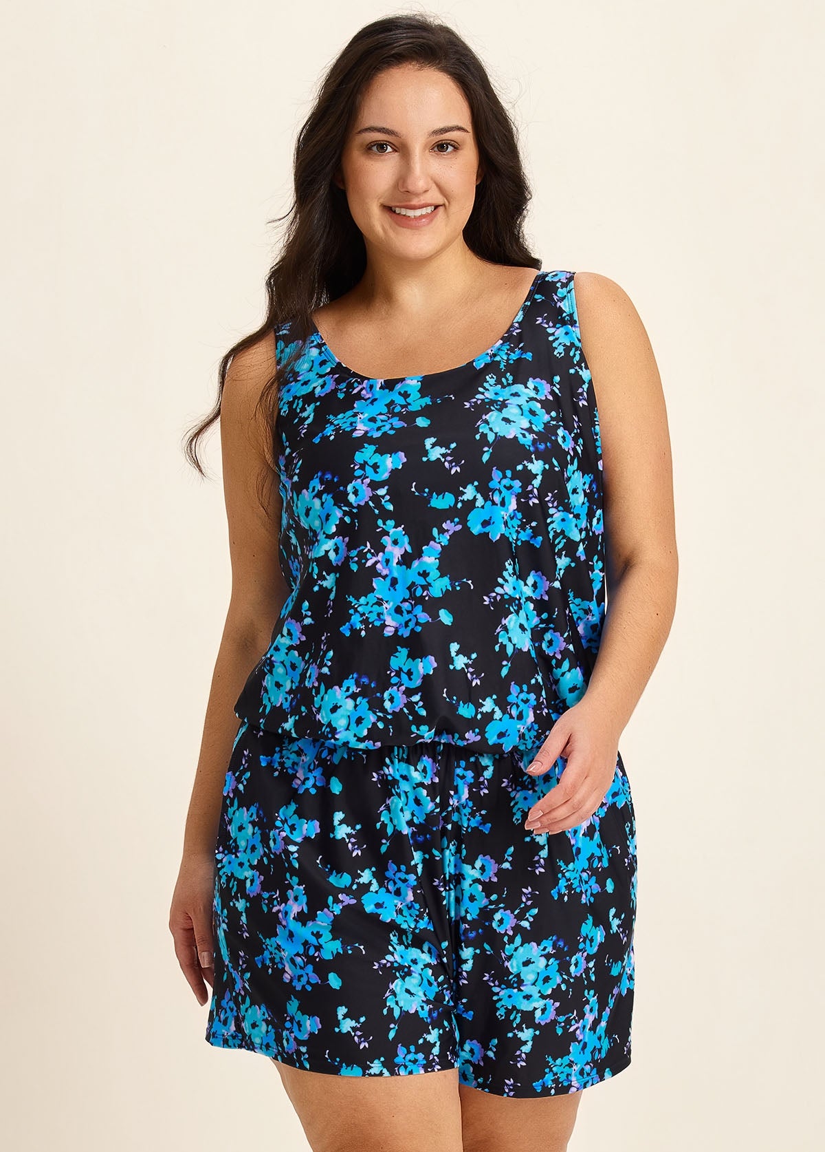 Plus Size Blue Floral Vintage Wide Straps Pocket Women's Swimsuit One Piece Swim Romper