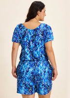 Blue Leaf V Neck Upf50+ Short Sleeves Vintage Pocket Curvy Swimsuit One Piece Swim Romper