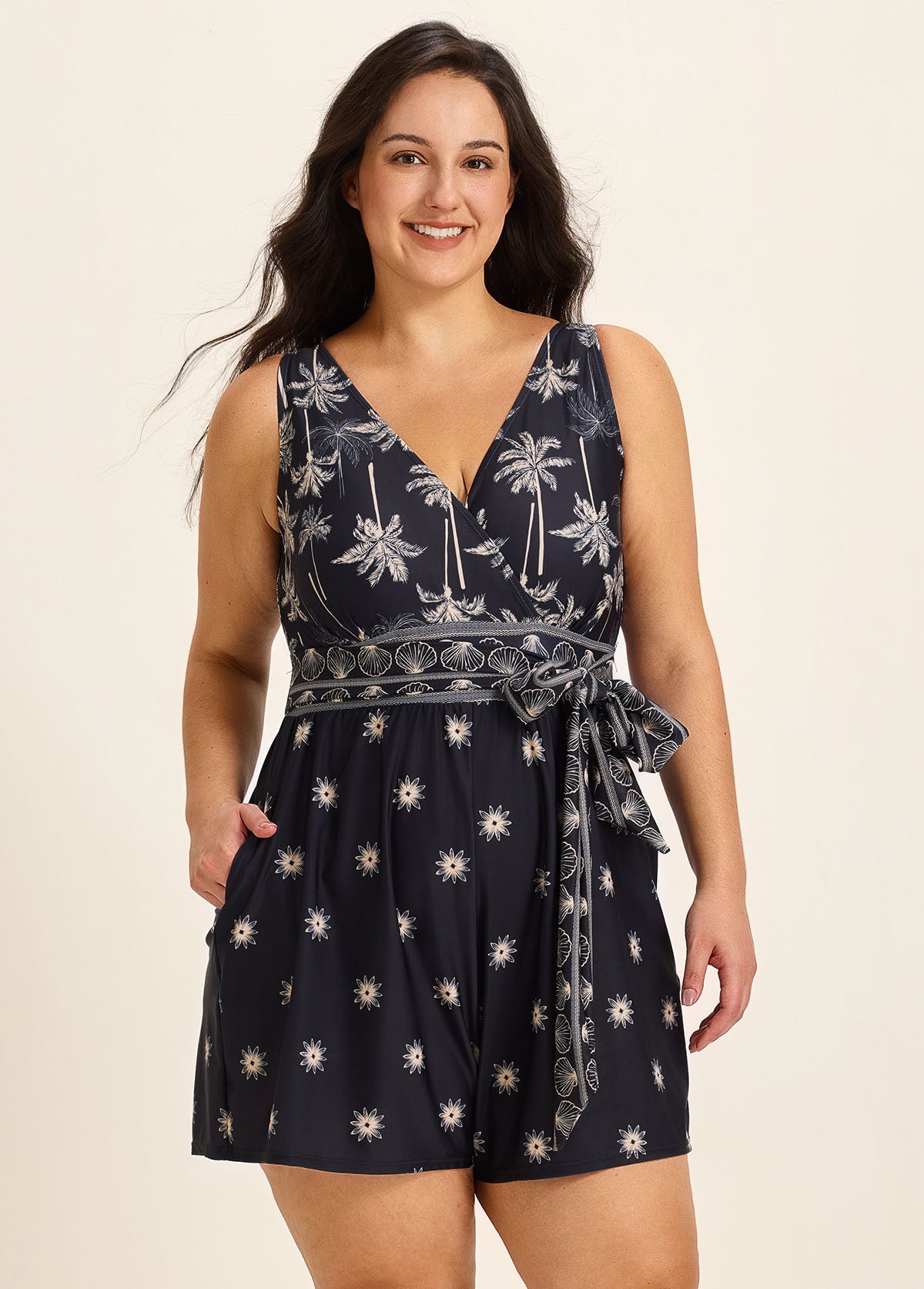 Curvy Black Palm Tree Print Flattering Wrap Pocket Curvy Swimsuit One Piece Swim Romper