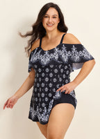 Plus Size Baroque Pattern Print Off The Shoulder Modest Women's Swimsuit One Piece Swimdress