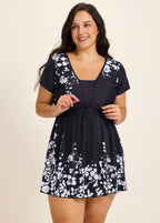 Black Floral Short Sleeves Modest Padded Curvy Women's Swimsuit Swimdress Top