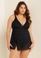 Black Crochet Side Slit V-Neck Graceful One Piece Swimdress