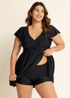 Stylish V Neck Ruffle Sleeves Swimdress Top