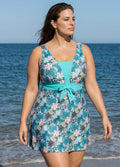 Charming Plus Size Green Tropical Floral Knot Front One Piece Swimdress