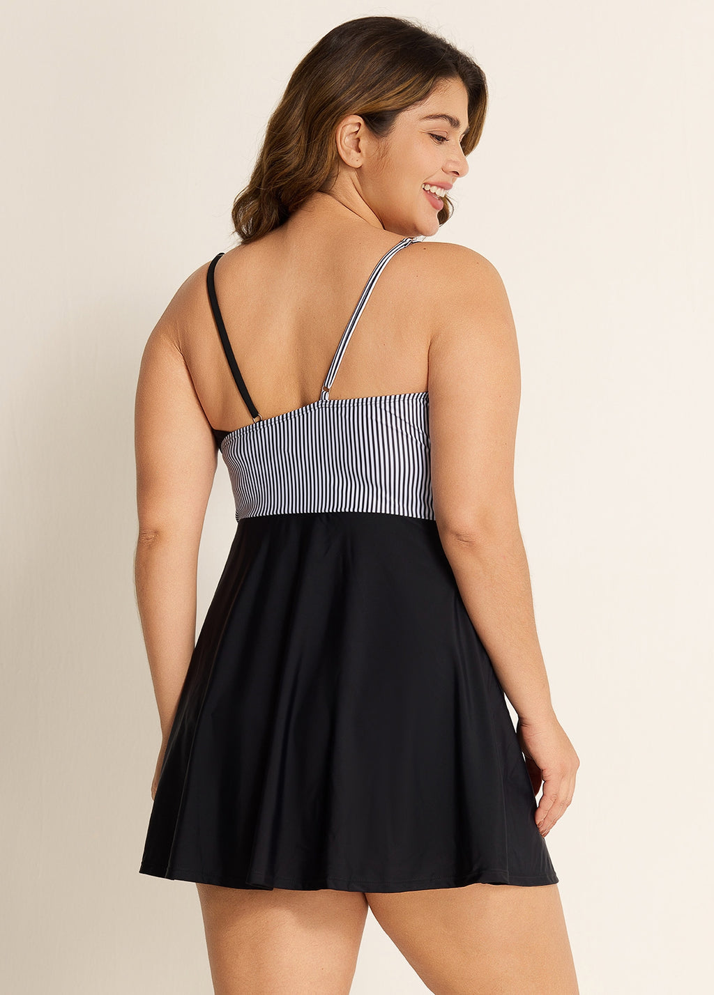 Black And White V Neck Striped Wrap One Piece Swimdress