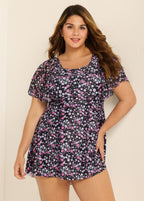 Romantic Floral Flounce Sleeve Square Neck Swimdress Set