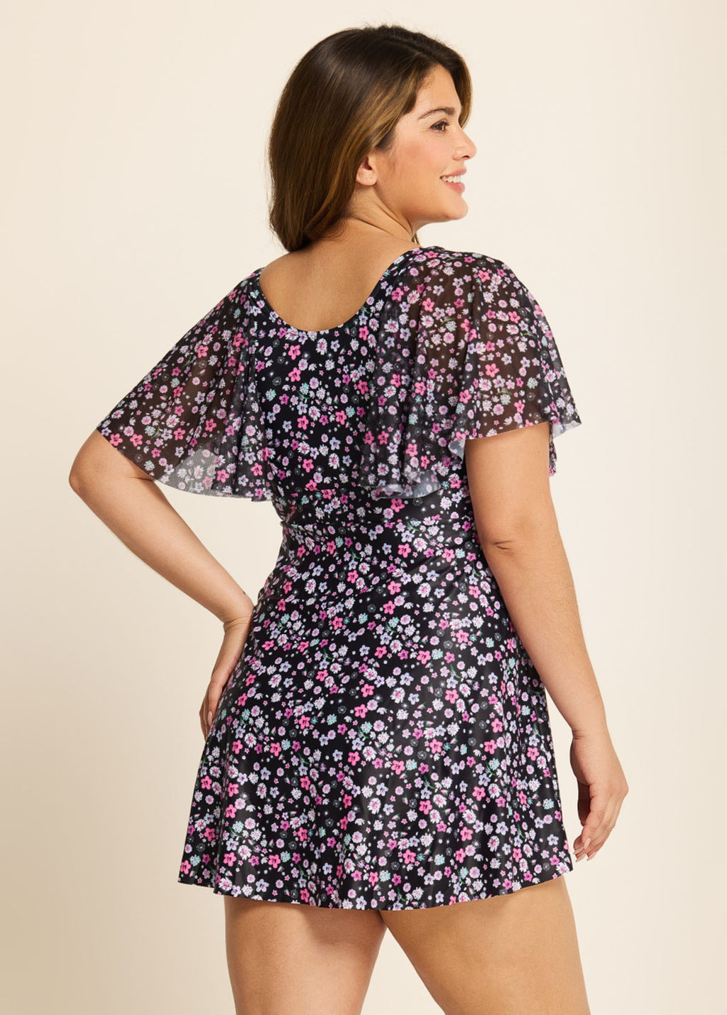 Romantic Floral Flounce Sleeve Square Neck Swimdress Set