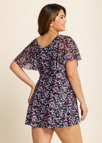 Romantic Floral Flounce Sleeve Square Neck Swimdress Set