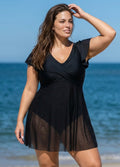 Mesh Skirt Hem And Sleeves One Piece Swimsuit With Cross Front Design
