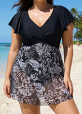 Black And White Print Short Sleeve Cross Front Ruffle One Piece Swimdress