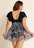 Black And White Print Short Sleeve Cross Front Ruffle One Piece Swimdress