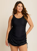 Black Side Drawstring Adjustable Strapes Plus Size Bathing Suit Dress One Piece Swimdress