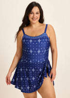 Navy Geometric Print Flattering Side Knot Side Slit Plus Size Swimsuit One Piece Swimdress