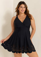 Curvy Black Laser Cut Ruched Swim Skirts For Women One Piece Swimdress