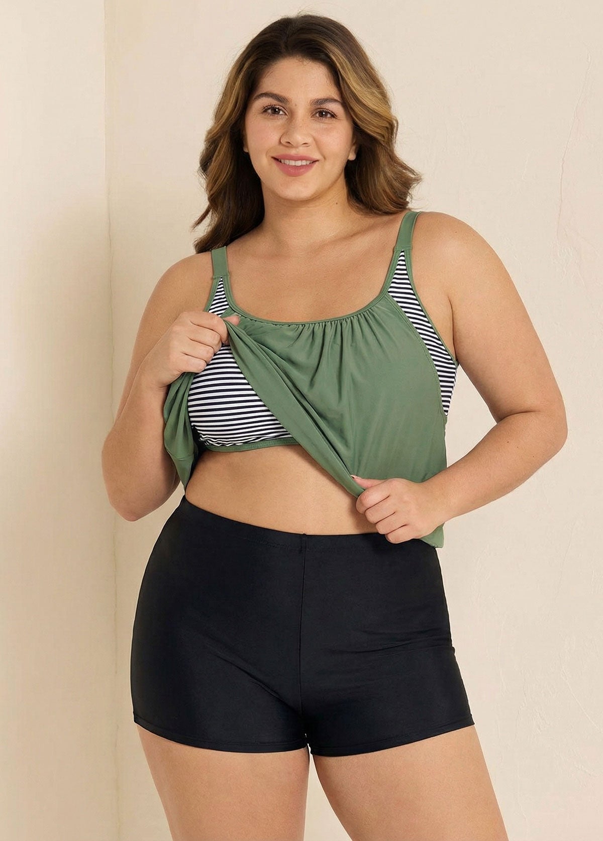 Plus Size Striped Faux Layer Adjustable Tankini Top