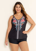 Plus Size Tribal Printed Adjustable Straps Tankini Top